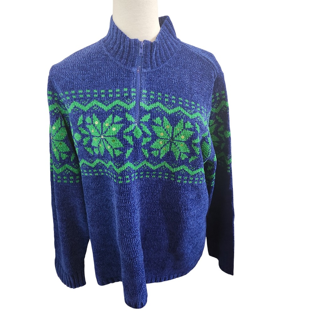Quaker‎ Factory Women's Blue Green Snowflake Chenille Quarter Zip Sweater Size L